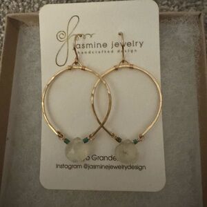 New Gold Hoop Earrings with Green Accents and Clear Rhinestone